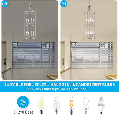 XINGQI Brushed Nickel Chandeliers for High Ceilings, 8 Light Lantern Tiered Chandelier Modern Farmhouse Cage Pendant Lighting Fixture for Staircase Foyer Kitchen Island Dinning Room Living Room
