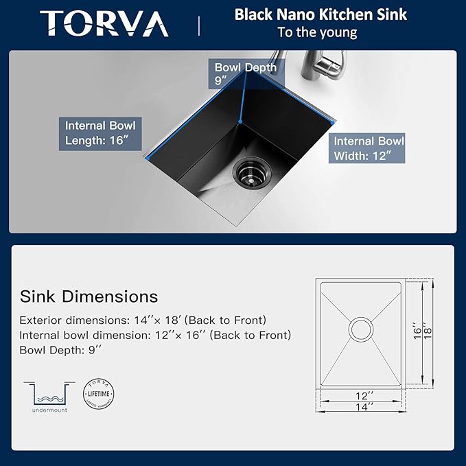 Bar Sink, TORVA 14 x 18 Inch Undermount Kitchen Sink, Gloss Black PVD Coated Gunmetal Sink, 16 Gauge 304 Stainless Steel Single Bowl Wet Bar or Prep Sink with Zero-Radius Corners, Dark Gray