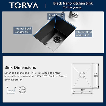 Bar Sink, TORVA 14 x 18 Inch Undermount Kitchen Sink, Gloss Black PVD Coated Gunmetal Sink, 16 Gauge 304 Stainless Steel Single Bowl Wet Bar or Prep Sink with Zero-Radius Corners, Dark Gray