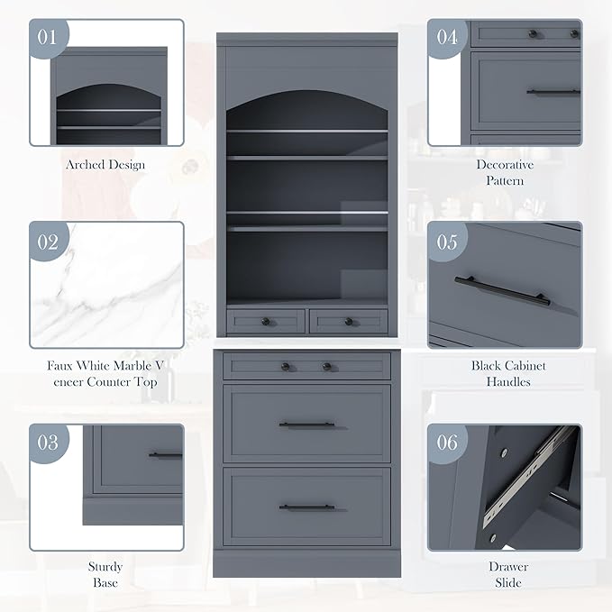 Modern 83.7inch High Kitchen Pantry Freestanding Tall Hutch with Faux Marble Top Display Cupboard with 5 Storage Drawers Practical(Gray)