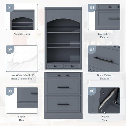 Modern 83.7inch High Kitchen Pantry Freestanding Tall Hutch with Faux Marble Top Display Cupboard with 5 Storage Drawers Practical(Gray)