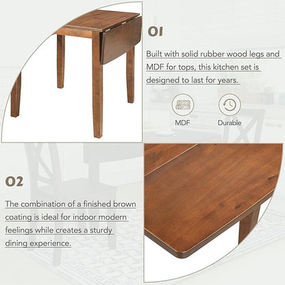3-Piece Farmhouse Dining Table Set, Wood Drop Leaf Breakfast Nook Dining Table Set with 2 X-Back Chairs for Small Places (Brown+Drop Leaf*)