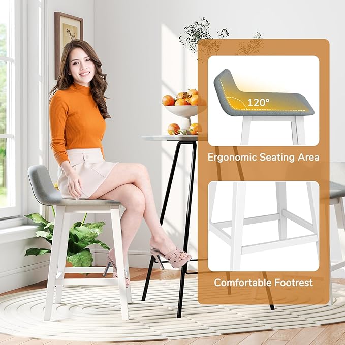 Giantex 24" Bar Stools Set of 2, Upholstered Counter Height Barstools with Low Back, Footrest, Armless Wood Bar Chairs for Kitchen Island, Dining Room, White & Gray