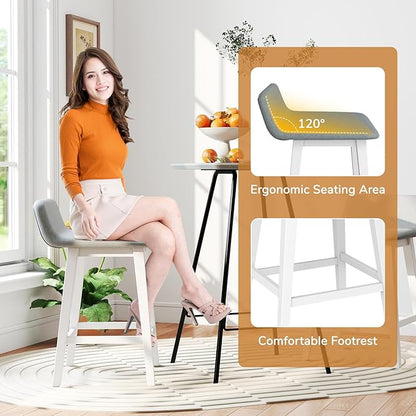 Giantex 24" Bar Stools Set of 2, Upholstered Counter Height Barstools with Low Back, Footrest, Armless Wood Bar Chairs for Kitchen Island, Dining Room, White & Gray