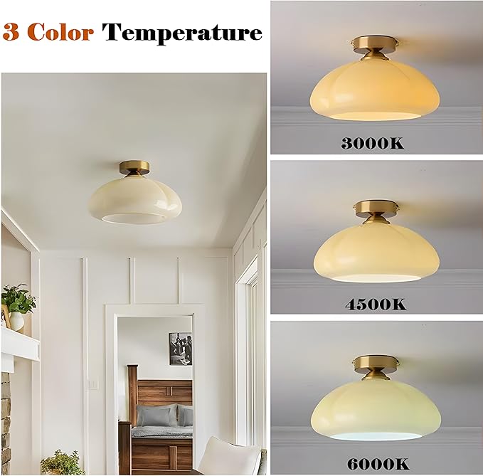 Bofea-Modern Gold Semi Flush Mount Ceiling Light Schoolhouse Ceiling Light Fixture Gold Overhead Lights Fixture with Cream Glass Shade Brass Semi Flush Lamp for Bedroom Hallway Kitchen