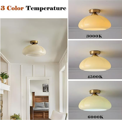 Bofea-Modern Gold Semi Flush Mount Ceiling Light Schoolhouse Ceiling Light Fixture Gold Overhead Lights Fixture with Cream Glass Shade Brass Semi Flush Lamp for Bedroom Hallway Kitchen