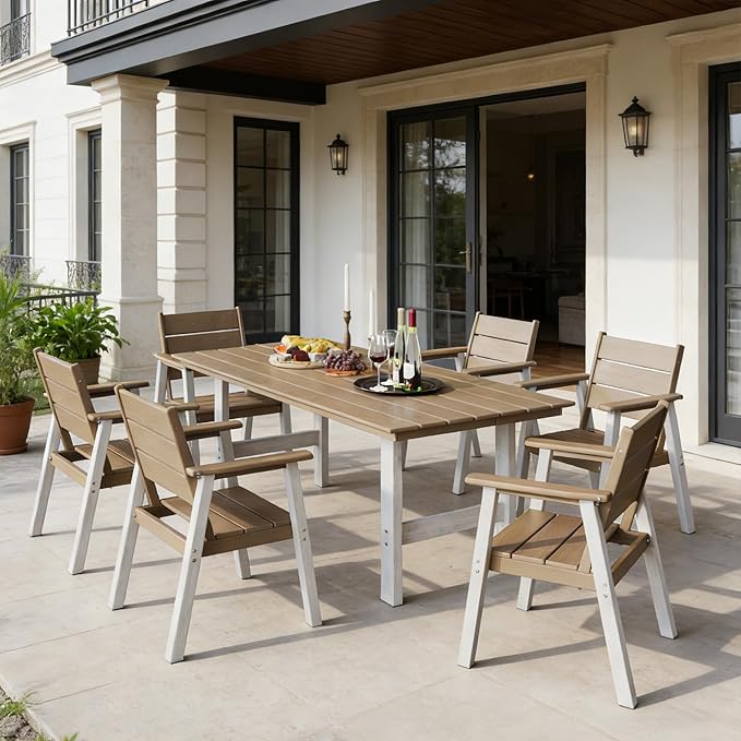Outdoor Dining Set,7-Piece Patio Table and Chairs Set for 6, HDPE Outdoor Dining Table and Chairs with Umbrella Hole, All-Weather Patio Dining Furniture Set,White Brown