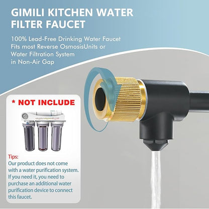 GIMILI Black and Gold Drinking Water Faucet 3 in1 Commercial Style Pull-Down Single Handle Filter Kitchen Faucet for Water Filtration System,Without Water Filtration Device