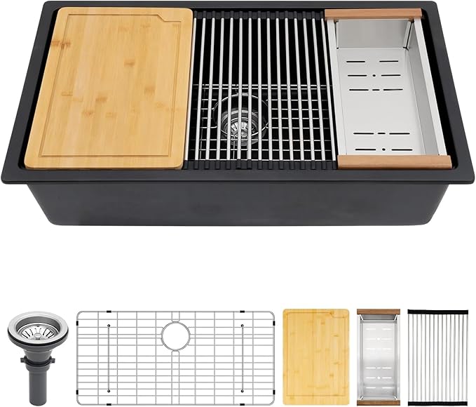 33 Inch Black Granite Composite Undermount Kitchen Sink Workstation - Couoko Matte Black Quartz Single Bowl Kitchen Sink Under Counter Large Deep Classic Sinks with Luxury Accessories, 33"x19"x10"