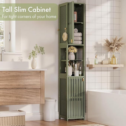 Amazer 70'' Tall Bathroom Storage Cabinet Bamboo, Slim Storage Cabinet with Rattan Door and Adjustable Shelves, Narrow Freestanding Organizer for Living Room Kitchen, Forest Green
