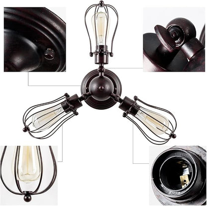 Luling Vintage Ceiling Light Industrial, Chandeliers Adjustable Socket Metal Wire Cage Lamp Semi-Flush Mount Rustic Ceiling Light Metal Lamp Fixtures (No Bulb) (with 3 Light) (Rust Color) (Rust)