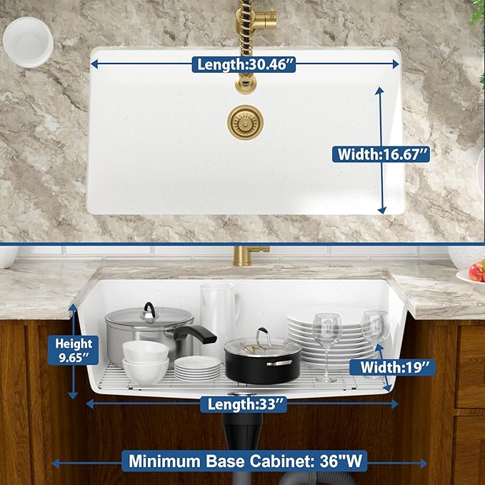 Mocoloo 33 Inch Granite Composite Kitchen Sink - 33 x 19 inch White Undermount Kitchen Sinks, Matte White Quartz Single Bowl Under Counter Sink
