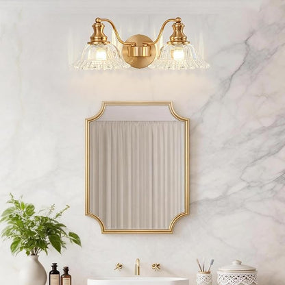 Gold Bathroom Light Fixtures Over Mirror, 2 Light Vintage Bathroom Vanity Light Fixture with Clear Flower Glass Shades, Retro Brass Vanity Lights for Bathroom, Bathroom Vanity Lights Over Mirror