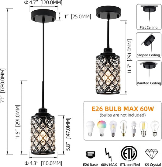 Black Pendant Light Fixtures,1-Light Modern Industrial Pendant Lights Kitchen Island, Matte Finish Hanging Lighting K9 Crystal Mini Chandelier for Dining Room,Hallway,Bedroom,Foyer（1 Pack