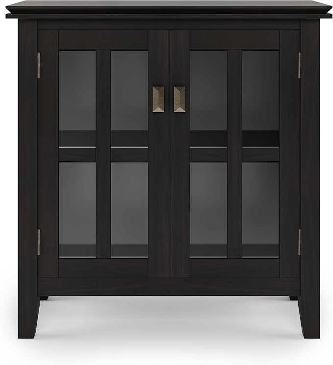 SIMPLIHOME Artisan Storage Cabinet - 30 inch Wide Solid Wood Low Storage Cabinet in Hickory Brown, Contemporary Accent Cabinet for Living Room or Dining Room with Glass Doors and Adjustable Shelves