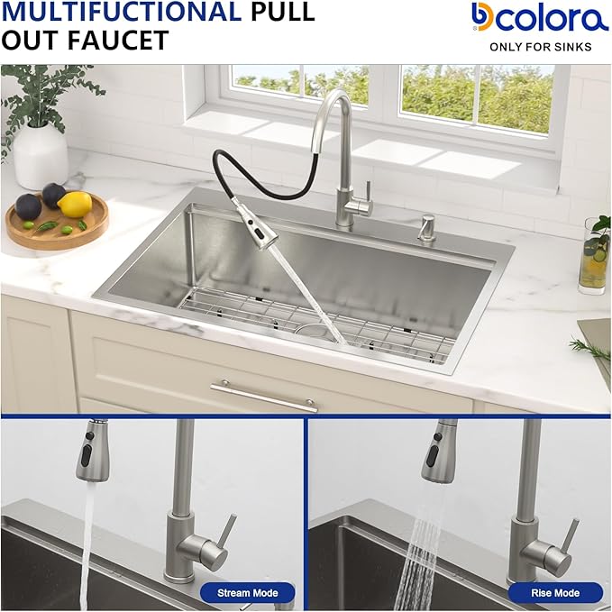 Dcolora 33"×22" Drop In Kitchen Sink With Faucet Topmount Single Bowl SinkS Workstation 304 Stainless Steel Overmount Sink For Kitchen 33 Inch, DC-SFDOE00126