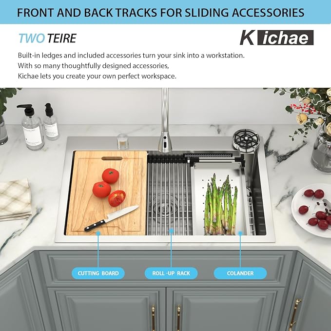 Kichae 33" x 22" Waterfall Sink Drop In - 33x22 Drop In Waterfall Kitchen Sink 304 Stainless Steel 16G Handmade Single Bowl Workstation Sinks with Faucet Combo & Glass Rinser