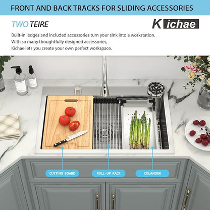 Kichae 33" x 22" Waterfall Sink Drop In - 33x22 Drop In Waterfall Kitchen Sink 304 Stainless Steel 16G Handmade Single Bowl Workstation Sinks with Faucet Combo & Glass Rinser