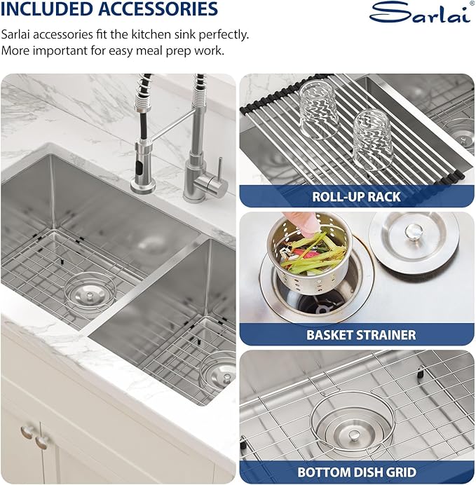 Sarlai 33 Undermount Kitchen Sink Double Bowl - 33x19 Inch Kitchen Sink Undermount 60/40 Stainless Steel 16 Gauge Round Corner Double Basin Under Counter Sinks Basin