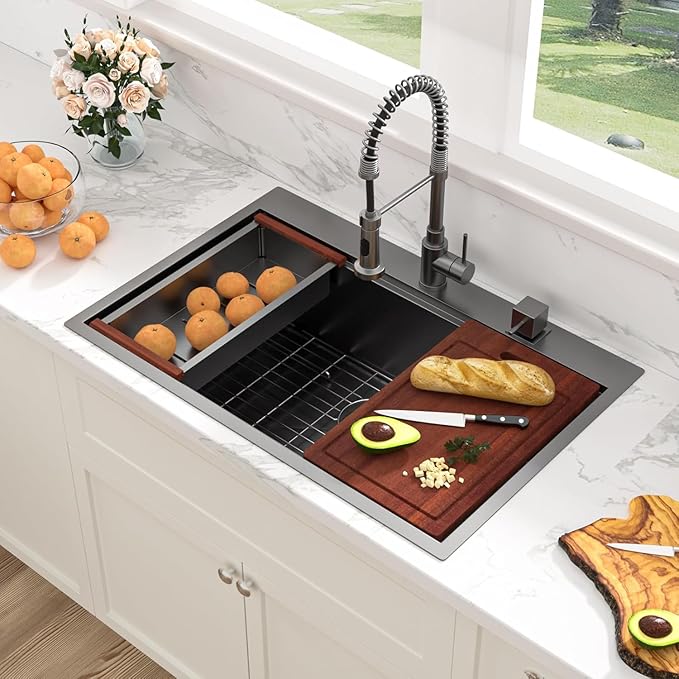 Sarlai 33 Inch Black Drop In Kitchen Sink Workstation - 33x19 Drop In Kitchen Sink Black Stainless Steel Topmount Workstation Sink 16 Gauge Deep Single Bowl Top-mount Kitchen Sink