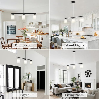 31" Kitchen Island Lighting 3 Light Black Pendant Light for Kitchen Island with Milk Glass Shade Modern Linear Chandelier Adjustable Hanging Farmhouse Light Fixtures Over Dining Table Living Room，E26