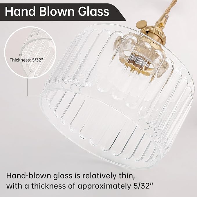 Shenmoyl Pendant Light with Clear Striped Glass Lmapshade, Brass Vintage Pendant Light Adjustable Hanging Light for Kitchen Island Dining Room Hallway