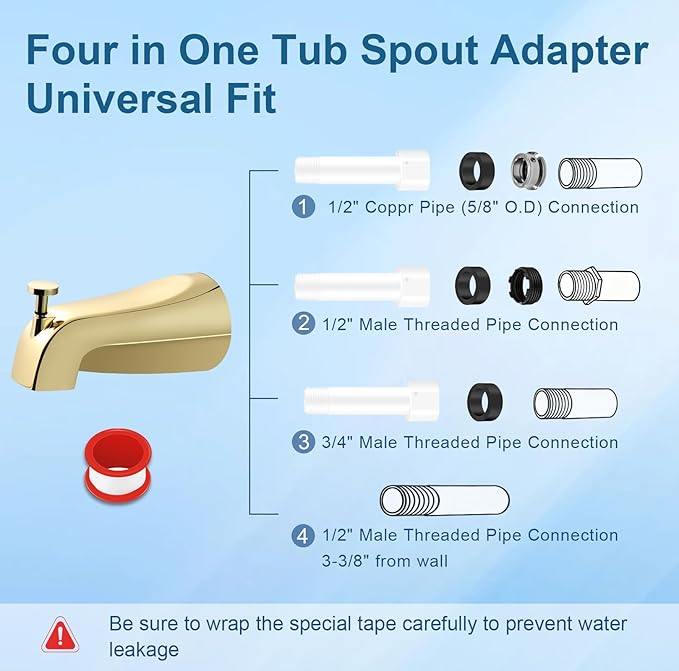 Universal Gold Tub Spout for 1/2" Copper Pipe, 1/2" IPS and 3/4" IPS, Bathtub Faucet with Diverter and Adapter and Hex Wrench (Polished Gold)