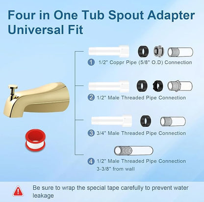 Universal Gold Tub Spout for 1/2" Copper Pipe, 1/2" IPS and 3/4" IPS, Bathtub Faucet with Diverter and Adapter and Hex Wrench (Polished Gold)