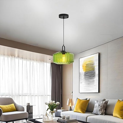 11-Inch Vintage Industrial Ribbed Glass Pendant Light Adjustable Height E26 Hanging Light for Kitchen Island Dining Room Bedroom Living Room Bar (Green)