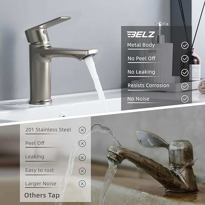 BELZ 2-Pack Brushed Nickel Bathroom Faucet, Modern Single Handle Set of 2 Sink Faucets for Single Hole Vanity, Tool-Free 15-Min Install, Spot-Resistant Finish, Pre-Installed 24" Supply Lines