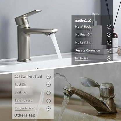 BELZ 2-Pack Brushed Nickel Bathroom Faucet, Modern Single Handle Set of 2 Sink Faucets for Single Hole Vanity, Tool-Free 15-Min Install, Spot-Resistant Finish, Pre-Installed 24" Supply Lines