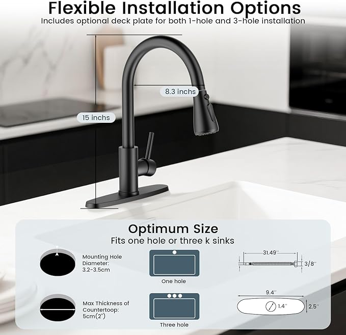 FEELSO Kitchen Faucets with Pull Down Sprayer, High Arc Single Handle Kitchen Sink Faucet, 1 or 3 Hole Brushed Nickel Water Faucets for Farmhouse Laundry Camper Rv Bar(Matte Black)