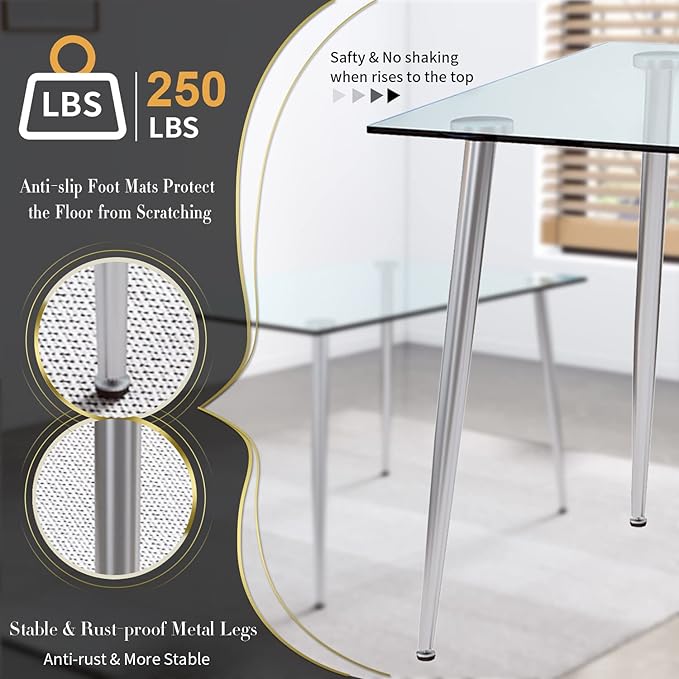 Glass Dining Table for 4 with 51 inch Clear Rectangular Glass Top, 0.31" Modern Tempered Glass Kitchen Table Furniture with 4 Silver Plating Metal Legs for Home Dining Room