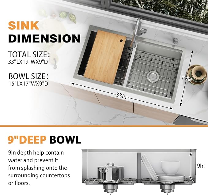 33"x19" Kitchen Sink Workstation - 50/50 Double Bowl Stainless Steel Undermount Kitchen Sink Built-in Ledge Drop In Workstation Sink For Placing/Sliding Accessories-Cutting Board,Drying Rack