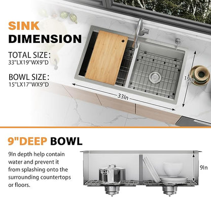 33"x19" Kitchen Sink Workstation - 50/50 Double Bowl Stainless Steel Undermount Kitchen Sink Built-in Ledge Drop In Workstation Sink For Placing/Sliding Accessories-Cutting Board,Drying Rack