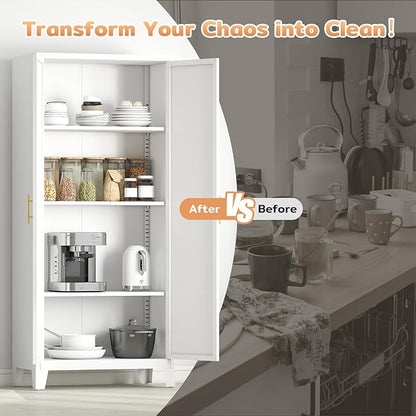 Zevemomo 61" H Metal Kitchen Pantry Cabinet, Freestanding Cupboard with 2 Doors and 3 Adjustable Shelves, Tall Metal Storage Cabinet for Kitchen, Bathroom, Dinning Room or Laundry Room （White）
