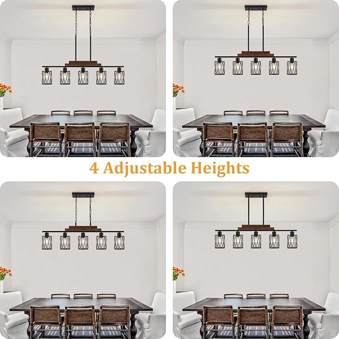 5-Light Farmhouse Kitchen Island Lighting Dining Room Light Fixture Over Table Matte Black Rustic Wood Hanging Kitchen Chandelier with Metal Shade Adjustable Height Pendant Lights for Dining Room
