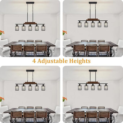 5-Light Farmhouse Kitchen Island Lighting Dining Room Light Fixture Over Table Matte Black Rustic Wood Hanging Kitchen Chandelier with Metal Shade Adjustable Height Pendant Lights for Dining Room