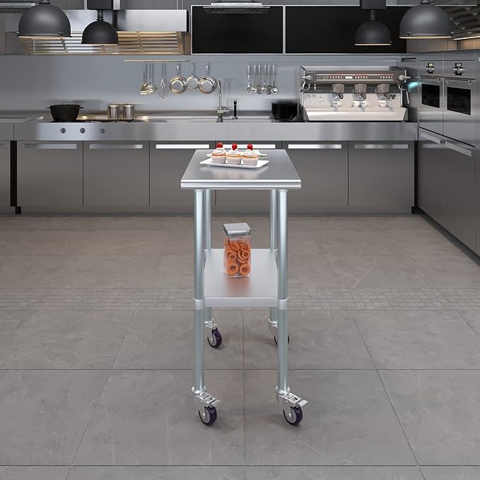 Stainless Steel Work Table with Wheels | NSF Kitchen Island Food Prep | Laundry Garage Utility Bench (Table + Wheels, 18" Long x 30" Deep)