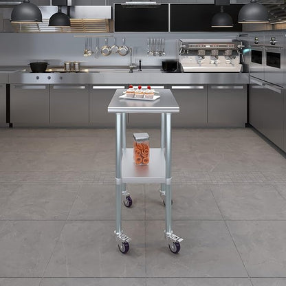 Stainless Steel Work Table with Wheels | NSF Kitchen Island Food Prep | Laundry Garage Utility Bench (Table + Wheels, 18" Long x 30" Deep)
