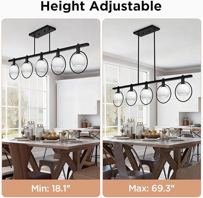 ropelux Dining Room Light Fixture, 5-Light Chandelier for Kitchen Island Over Table with E12 Socket(Bulb not Included), Black Rustic Hanging Pendant Light Fixtures with Frosted White Glass Lampshade