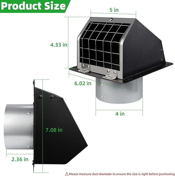 4" Dryer Vent Cover Outdoor,Dryer Vent Covers for Exterior Wall Vent Hood Outlet Air Vent,Dryer Vent Cover Outside,Exterior Dryer Exhaust Vent Cover Cap for House AC,Through Wall Dryer Vent Kit,Black