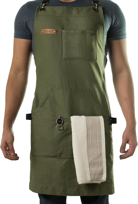 Asaya Chef and BBQ Apron with Bottle Opener and Hand Towel - 10oz Cotton Canvas, Stainless Steel Hardware - Cross Back Straps