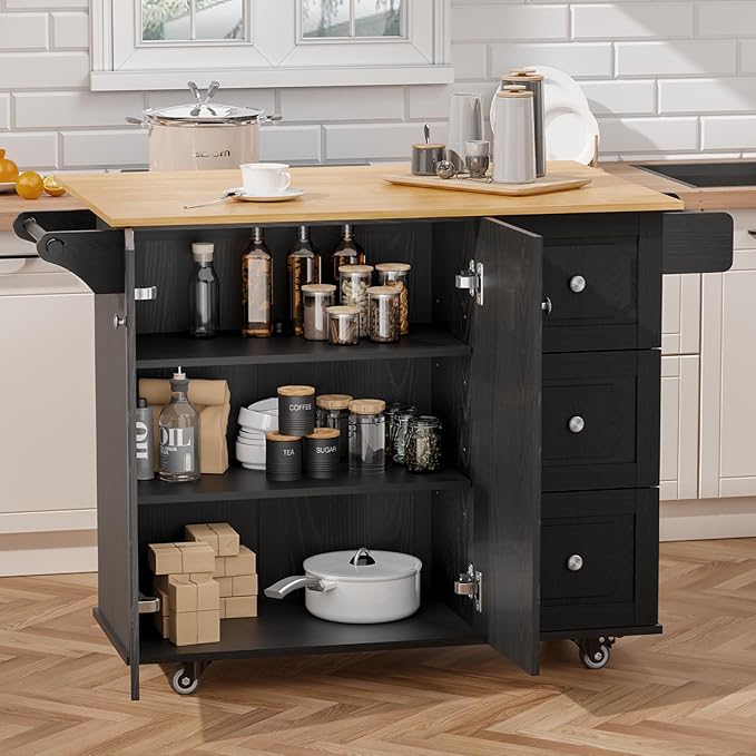 Rolling Kitchen Island Cart with Drop Leaf, Portable Kitchen Trolley with Storage Cabinet, Drawer, Shelf and Towel Bar, Breakfast Bar on Wheels for Home Use, Sleek Black