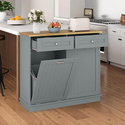 Giantex Tilt Out Trash Cabinet 15.5 Gallon, Wooden Laundry Room Cabinet, 2 Drawers, Storage Cabinet, Recycling Trash Cabinet, Kitchen Island with Garbage Can Holder, 39.5" x 14" x 35.5", Gray