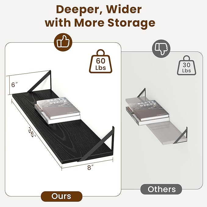 Acovy Deep Floating Shelves for Wall,36Wx8D Wall Mounted Shelves Set of 2,Wall Storage Floating Shelf with Sturdy Metal Brackets for Living Room,Bathroom,Kitchen,Office,Black