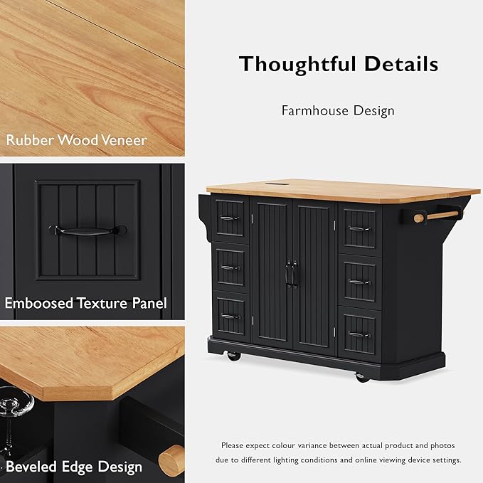 Ball & Cast 56" Large Kitchen Island with Drop Leaf and Power Outlet,Rolling Kitchen Cart on 4 Wheels W/ 6 Drawers,Folding Storage Dining Table W/Spice & Towel Rack,for Kitchen,Dining Room,Black