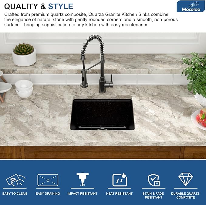 Mocoloo 18 Inch Undermount Granite Composite Bar Sink - 18 x 18 Matte Black Ledge Workstation Kitchen Sinks, Composite Quartz Single Bowl Under Counter Bar Prep Rv Sink Basin