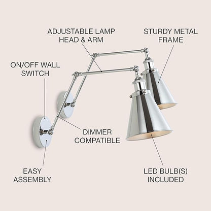 JONATHAN Y 7" Chrome Classic Industrial Metal Adjustable Arm LED Wall Sconce for Bedside Reading, Farmhouse Swing Arm Wall Lamp with Metal Shade, Hardwired (JYL7460A-SET2)