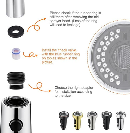 TIORIY Kitchen Faucet Head Replacement with 15 Adapters, 3 Function Pull Down Kitchen Faucet Spray Head, Pull Out Kitchen Sink Tap Sprayer Nozzle, Chrome, Plastic